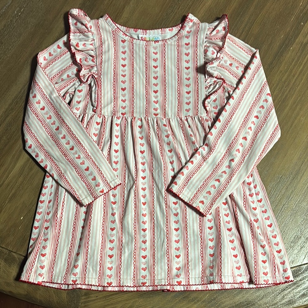Girls Long Sleeve Heart Stripe Ruffle Top - Pink & Cream